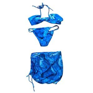 Fashion Nova Blue Marble 3 Piece Bikini Set Womens Size Large Vacation Beach